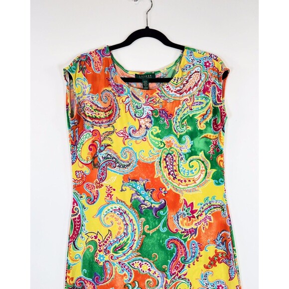 LRL Ralph Lauren Dress Orange Mini Floral Paisley Sheath Stretch Boho Medium - Picture 6 of 10